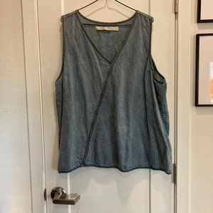 Cynthia Ashby Linen Tank Top Womens XL blue Sleeveless V-neck thick heavy trim.